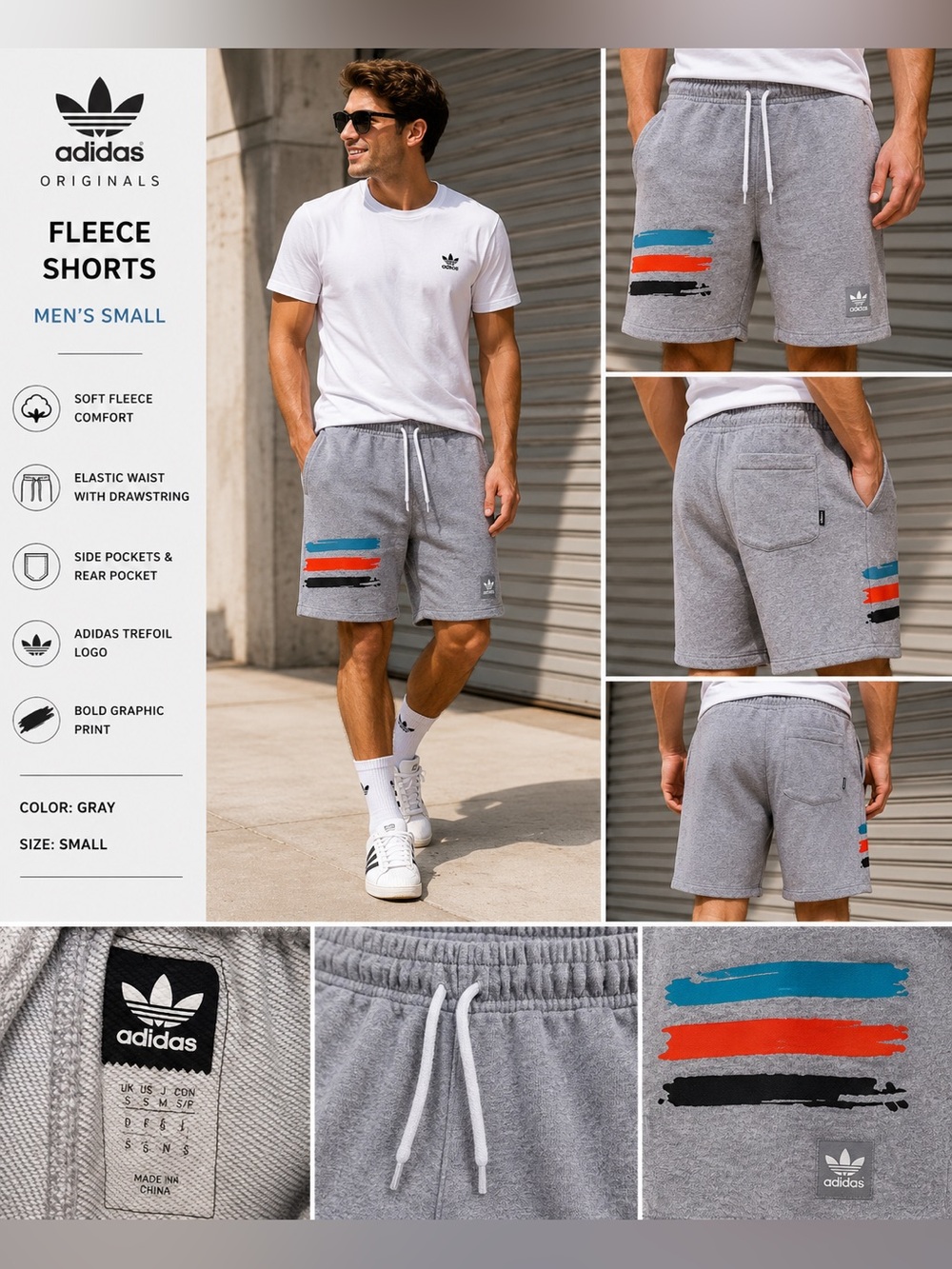 Adidas Originals Trefoil Graphic Fleece Shorts Gray Men's Small Drawstring Sweat
